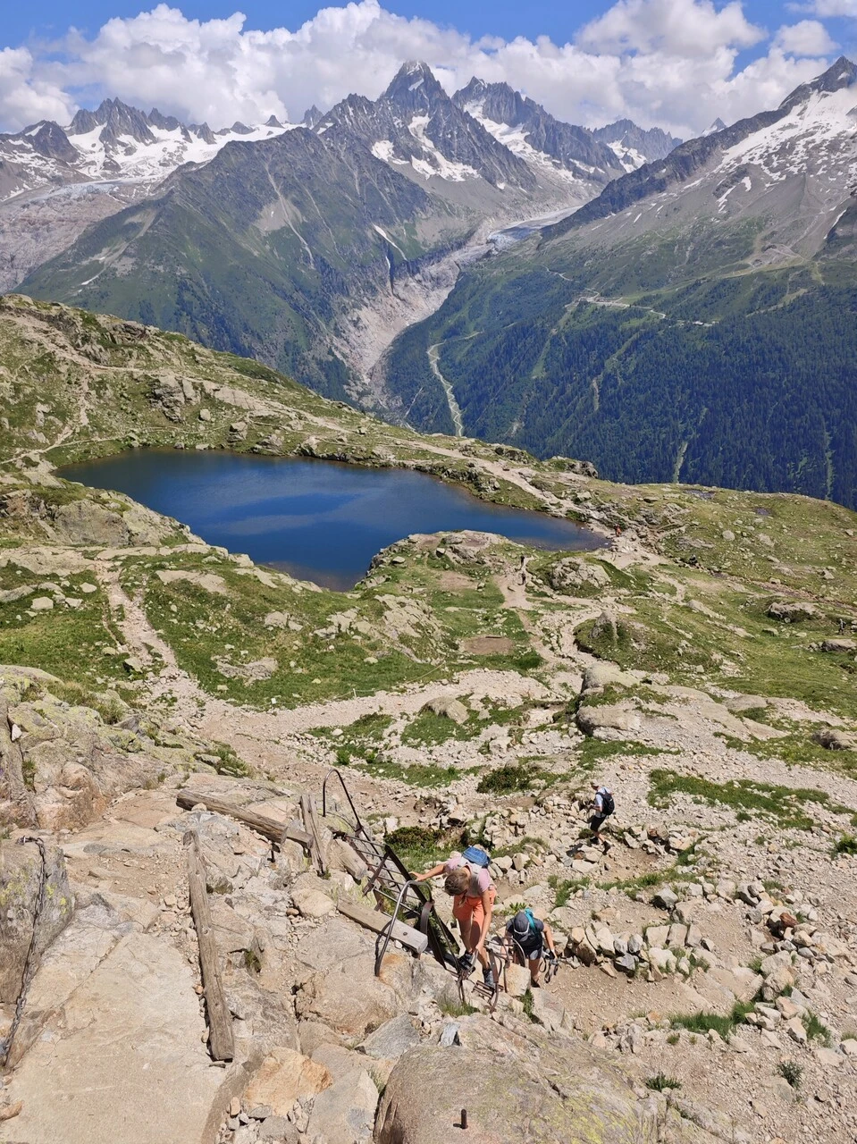 Walkers on the ladders above the lacs des Chéserys, glacier d'Argentière behind