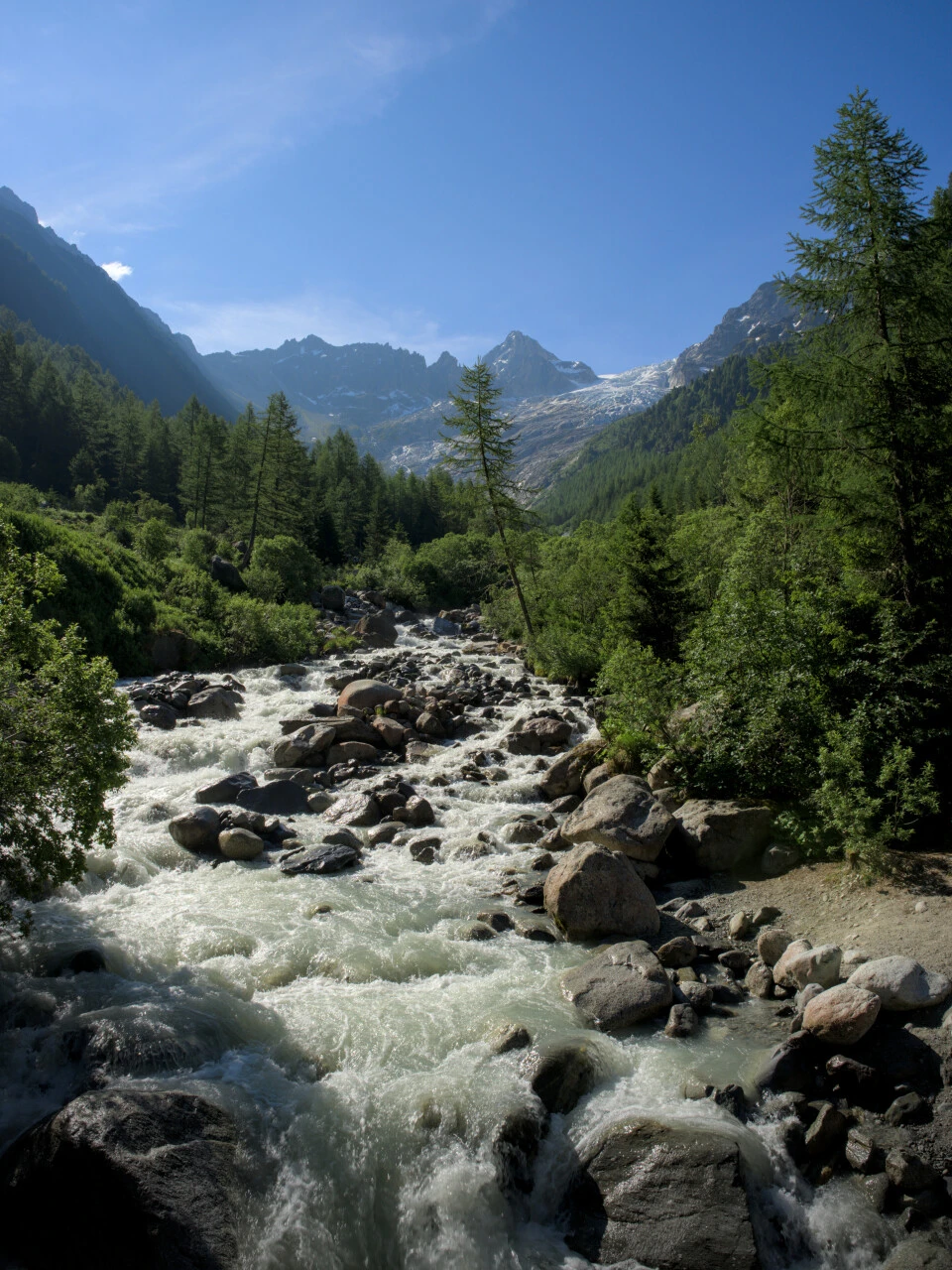 Glacial torrent in the Val d'Arpette, water coursing between boulders