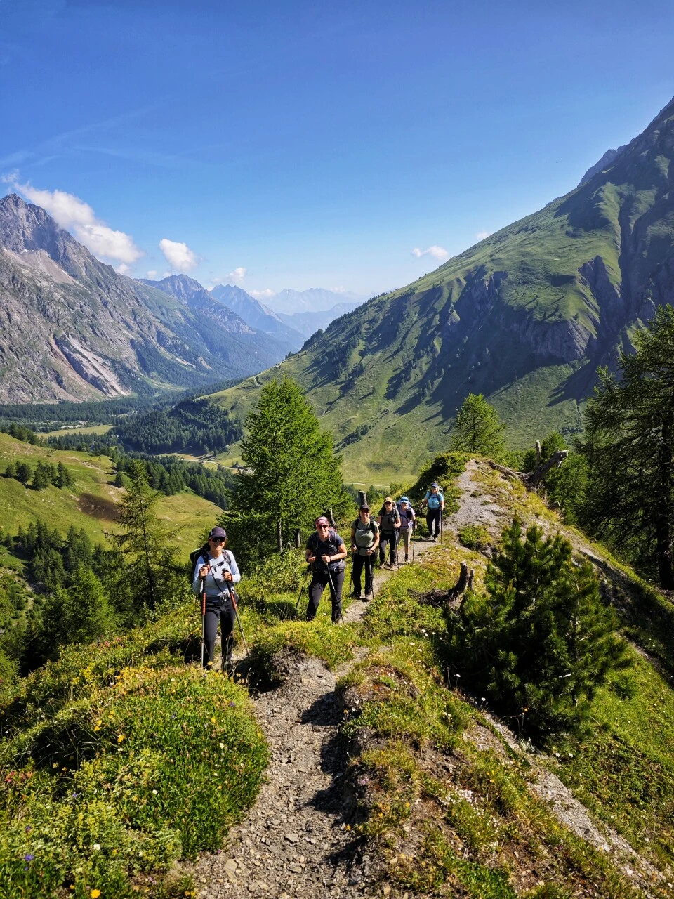 The balcony path in the Swiss Val Ferret, descending towards La Fouly