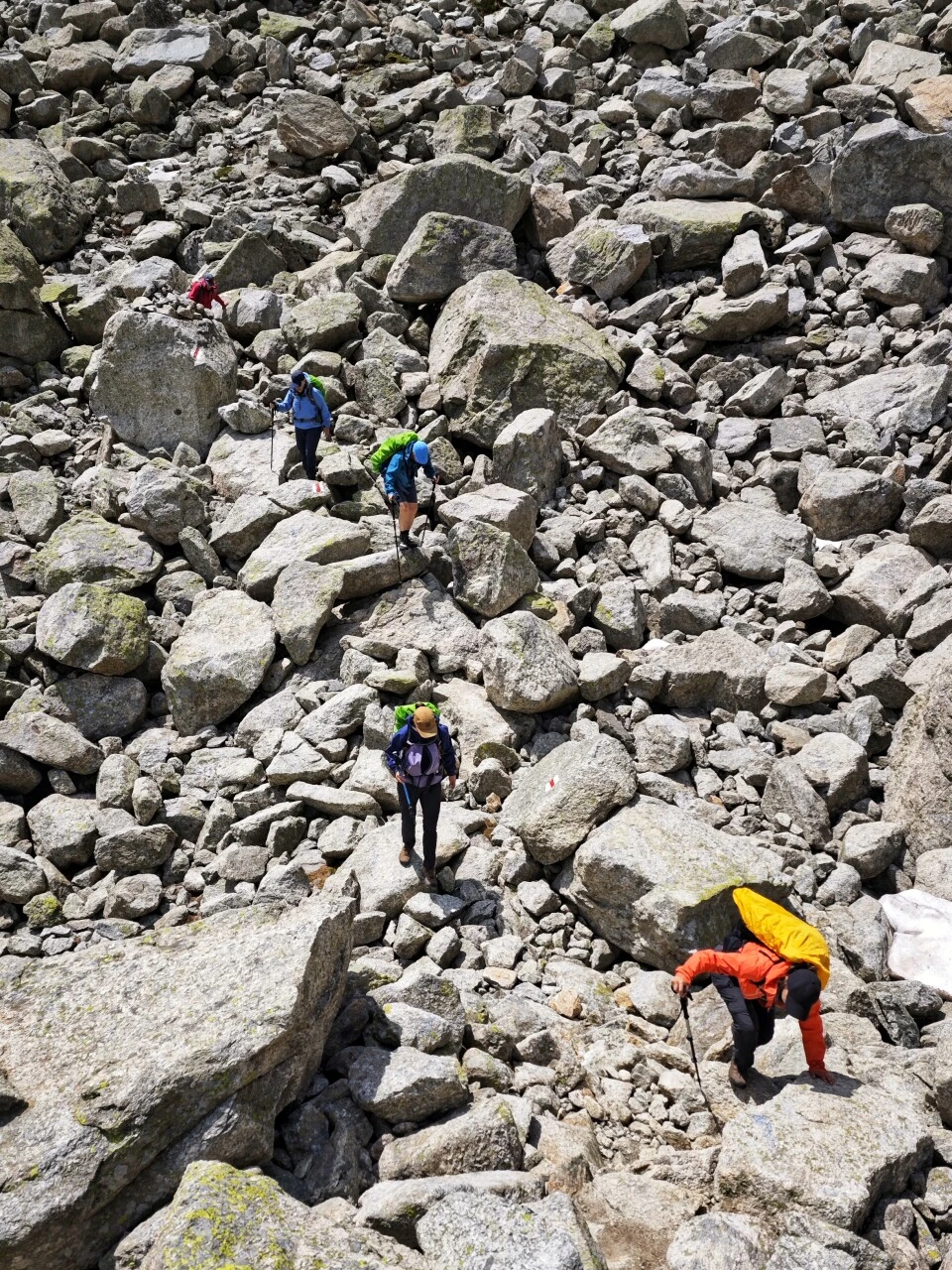 Picking a route through the boulder field below the Fenêtre d'Arpette