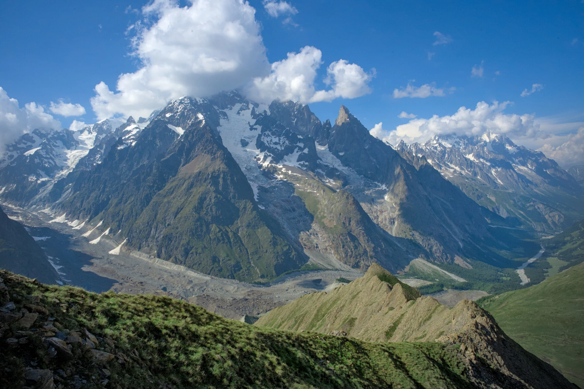The Mont Blanc massif from the Mont de la Saxe, from Courmayeur to the Grandes Jorasses